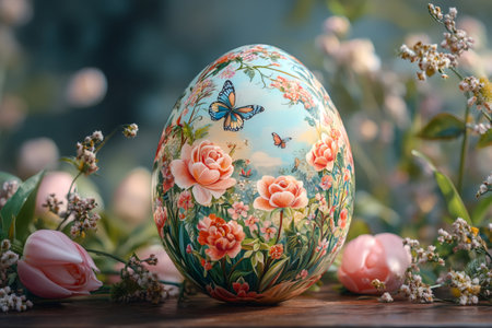 Hand painted easter egg celebrating spring with blooming roses, colorful butterflies, and soft pastel colorsの素材