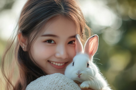 Young woman cuddling a fluffy white pet rabbit outdoors, enjoying a moment of connection with natureの素材