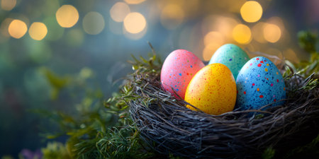 Easter eggs nestled in a bird's nest evoke feelings of spring, new beginnings, and festive celebrationsの素材