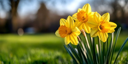 Beautiful yellow daffodils blooming in a field, symbolizing the arrival of spring and the renewal of natureの素材
