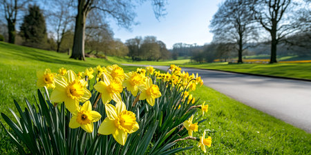 Yellow daffodils blooming along a roadside in a park during springtime, creating a vibrant and colorful sceneの素材