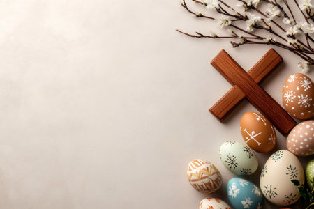 Easter eggs and wooden cross symbolize the resurrection of Jesus Christ, celebrating new life and hope with spring flowersの素材