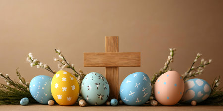Colorful easter eggs with wooden cross and pussy willow branches symbolize the resurrection of Jesus Christの素材