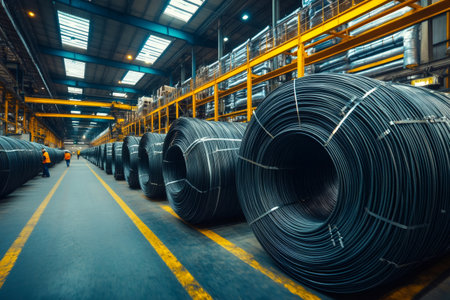 Large rolls of steel wire are stored in a warehouse at a metallurgy production plantの素材