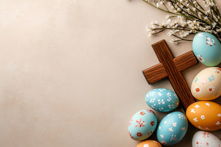 Easter eggs, wooden cross, and spring flowers creating a festive border on a beige background with copy spaceの素材