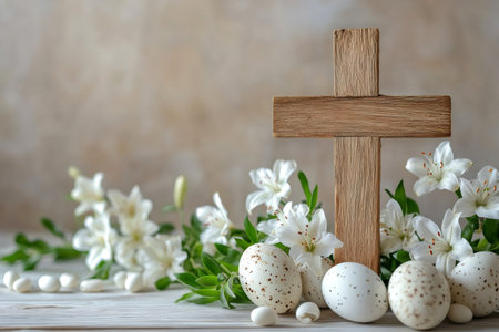 Easter eggs and white lilies decorating a wooden cross on a wooden table for a religious Easter celebrationの素材