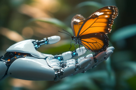 Robotic hand gently holding beautiful monarch butterfly, showcasing connection between technology and environmentの素材