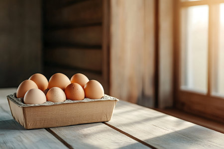 The brown eggs are sitting in a cardboard carton illuminated by sunlight coming through a window in a rustic kitchenの素材