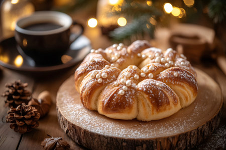 Delicious Christmas star bread with icing sugar and decorative pearls, served with a cup of coffee and Christmas decorationsの素材