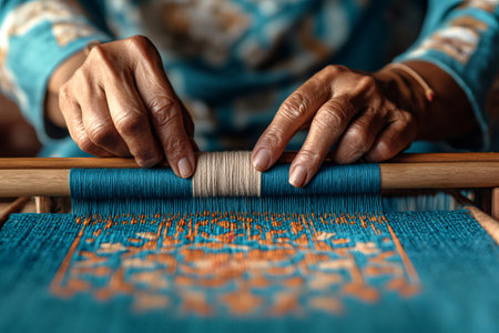 Close up of wrinkled hands weaving colorful textile on wooden loom, showcasing traditional craftsmanship and textile creation processの素材
