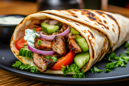 Pita bread wrapping grilled meat, fresh vegetables, and creamy tzatziki sauce, creating a flavorful Greek gyrosの素材
