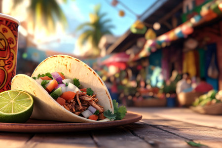 Close up of a mouthwatering taco filled with pulled pork, fresh vegetables, and cilantro, served with a lime wedge in a bustling Mexican marketの素材