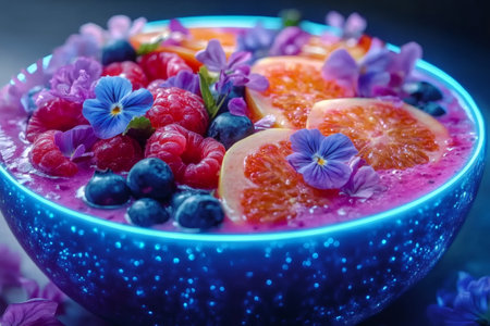 Vibrant smoothie bowl topped with fresh grapefruit slices, raspberries, blueberries, and edible flowers, creating a colorful and healthy mealの素材