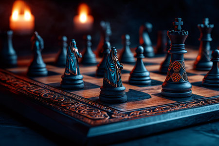 Chess pieces standing on an ornate chessboard, illuminated by the warm glow of candlelight, create a captivating sceneの素材