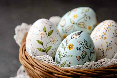 Hand painted easter eggs showcasing floral and bird motifs, nestled in a wicker basket with a delicate lace liningの素材