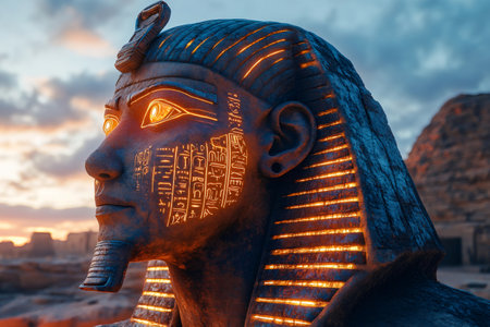 Glowing sphinx statue stands tall against a vibrant sunset, hieroglyphs illuminated on its face, in the ancient Egyptian necropolis of Gizaの素材
