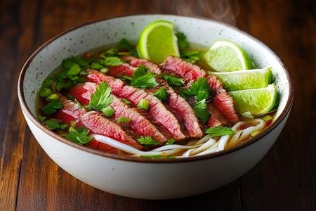 Bowl of steaming Vietnamese pho bo soup with beef, rice noodles, lime wedges, and fresh herbsの素材