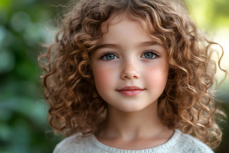 Close up portrait of charming preschool girl with curly hair, freckles and expressive blue eyes radiating joy and innocenceの素材