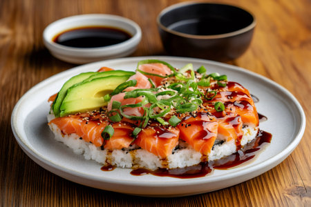 Delicious sushi cake with salmon, avocado, and sesame seeds, drizzled with soy sauce, ready to be enjoyedの素材