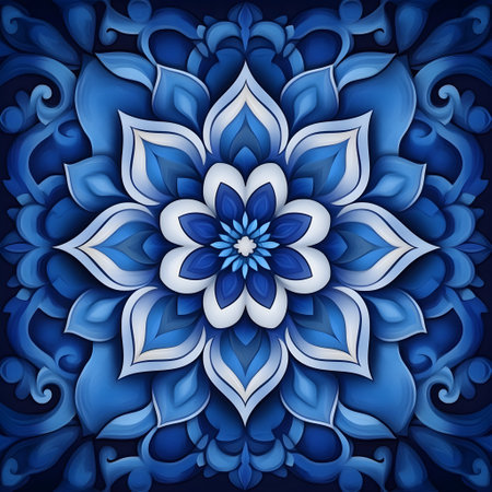 Intricate blue and white floral damask pattern forming a beautiful mandala, perfect for backgrounds, textiles, and decorative designsの素材