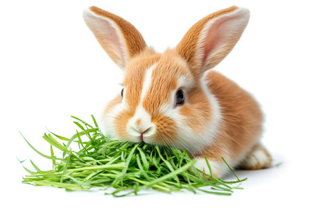 Cute baby rabbit enjoying a healthy meal of fresh green grass, isolated on whiteの素材