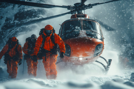 Rescuers walking towards a helicopter during a snowstorm in a mountain environmentの素材