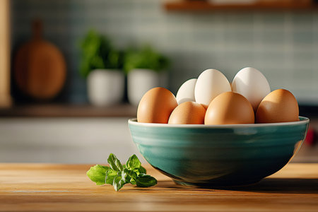 Brown and white eggs sit in a bowl on a wooden kitchen counter, ready for cookingの素材