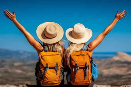 Two female tourists with backpacks and straw hats raising arms while enjoying a mountaintop viewの素材