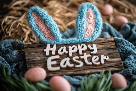Knitted bunny ears are covering a wooden happy easter sign with dyed eggs and straw in the backgroundの素材