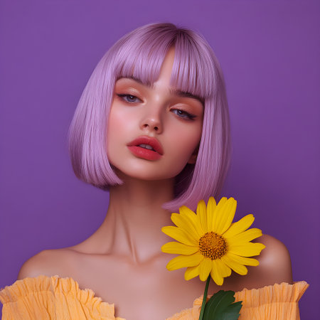 Studio shot of beautiful woman with purple bob haircut and yellow flower posing on violet backgroundの素材