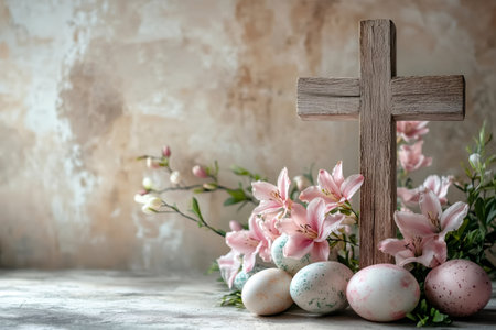 Easter eggs, lilies, and wooden cross creating a beautiful Easter compositionの素材