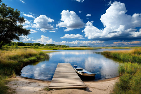 Tranquil lake scene with wooden boat moored to a dock, reflecting the cloudy sky above, creating a peaceful and idyllic settingの素材