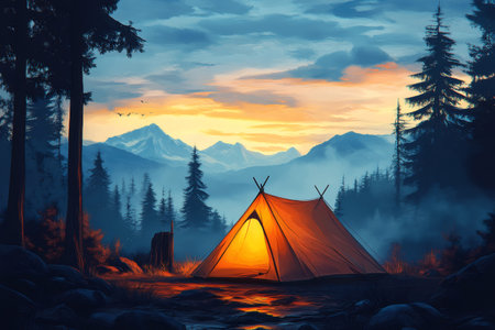 Orange camping tent glowing at sunset in a peaceful forest, with a mountain range in the backgroundの素材