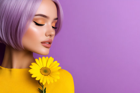 Fashion model posing with purple hair and yellow flower on purple backgroundの素材
