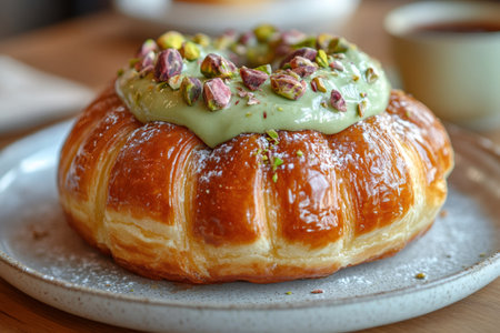 Round croissant donut topped with pistachio icing and chopped pistachios sits on a plateの素材