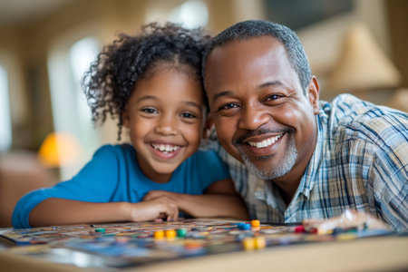 Happy grandfather and granddaughter smiling and playing a board game at homeの素材