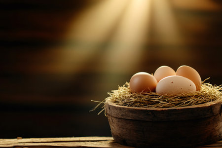 Fresh brown eggs resting in a straw nest within a wooden bowl, bathed in warm, inviting lightの素材