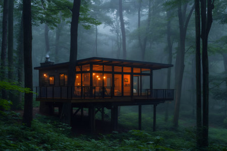 Warm lights illuminate a modern treehouse in a misty forest, creating a tranquil and inviting atmosphere at duskの素材