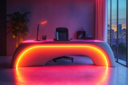 Futuristic workspace with neon lit desk, overlooking a cityscape at sunset, creating a vibrant and inspiring work environmentの素材