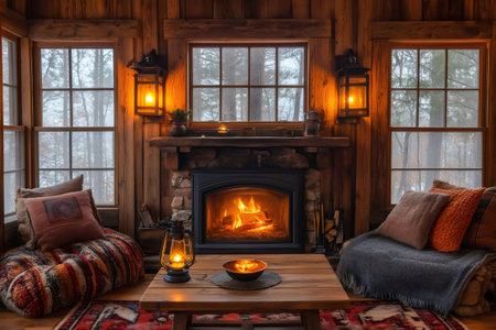 Firewood burning in fireplace inside cozy rustic living room with big windows and snowy forest view in winterの素材
