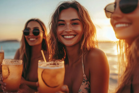 Three attractive young women enjoying cocktails at a beach party during a beautiful sunsetの素材