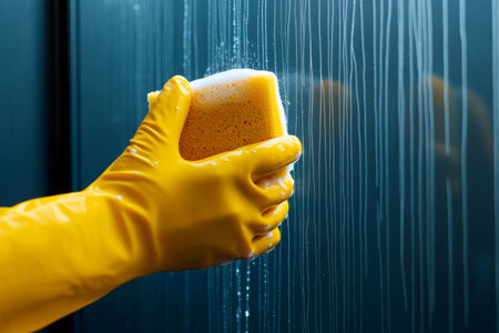 Cleaning staff wearing yellow gloves washing window with spongeの素材