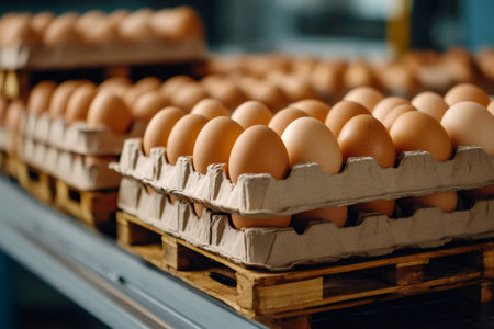 Fresh chicken eggs are being transported on a conveyor belt inside a food processing factory, ready for packaging or distributionの素材