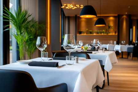 Empty tables are waiting for clients in a modern and elegant restaurantの素材