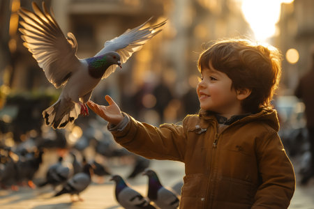 Smiling toddler feeding a pigeon from hand in a city square at sunsetの素材