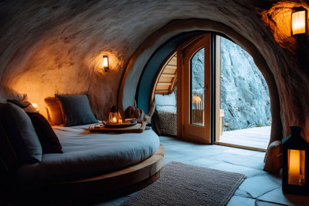 Cozy cave room with round bed, pillows, blankets, lanterns, and open door leading to a mountain viewの素材