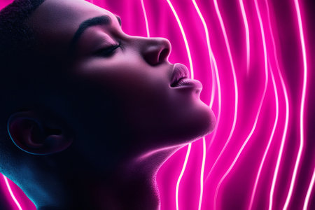 Beauty portrait of a sensual fashion model posing with closed eyes and magenta neon lights as backgroundの素材