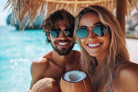 Smiling tourists holding coconuts under a straw umbrella on a beautiful beach with turquoise waterの素材