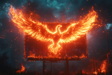 Billboard displaying a burning phoenix rising from ashes in a fiery, post-apocalyptic urban landscapeの素材