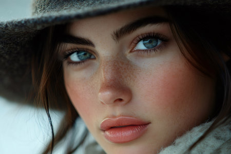 Close up portrait of a fashion model wearing a hat, showcasing her freckles, blue eyes, and lipsの素材